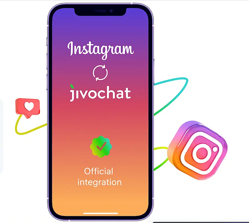 The image shows a smartphone screen where it's written "Instagram, JivoChat, official integration".